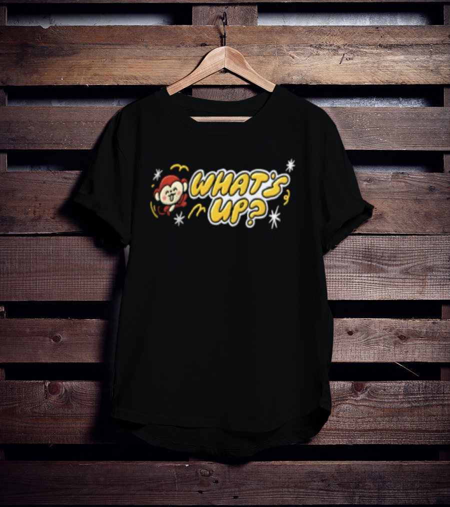 What's Up Cartoon Monkey Waving White Sparkles Squiggles T-Shirt