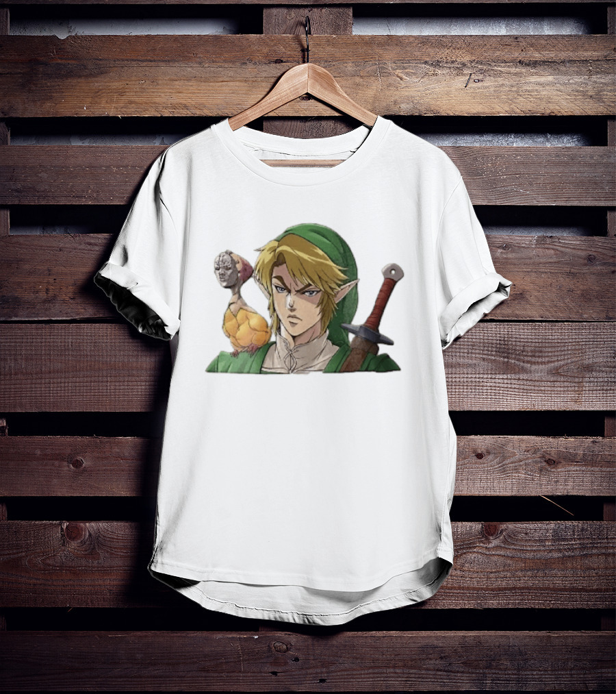 Anime Blonde Elf Knight In Green Tunic With Sword And Strange Bird Companion T-Shirt