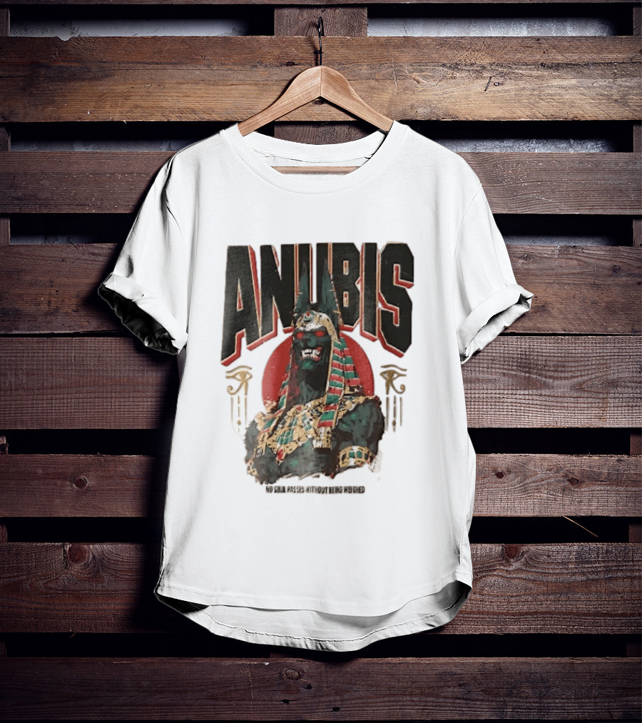 Anubis Jackal Headed Egyptian God Distressed No Soul Passes Without Being Weighed Sun T-Shirt