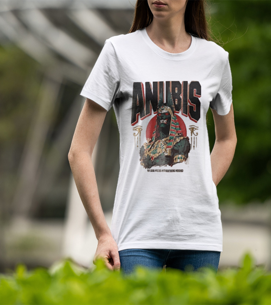 Anubis Jackal Headed Egyptian God Distressed No Soul Passes Without Being Weighed Sun T-Shirt