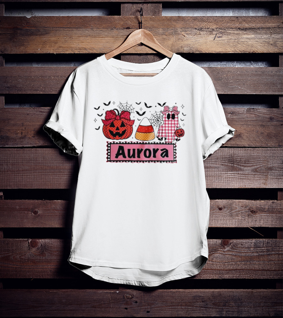 Aurora Halloween Pumpkin Ghost Candy Corn And Spiderwebs T-Shirt