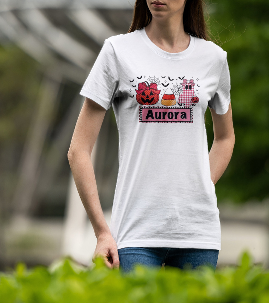 Aurora Halloween Pumpkin Ghost Candy Corn And Spiderwebs T-Shirt