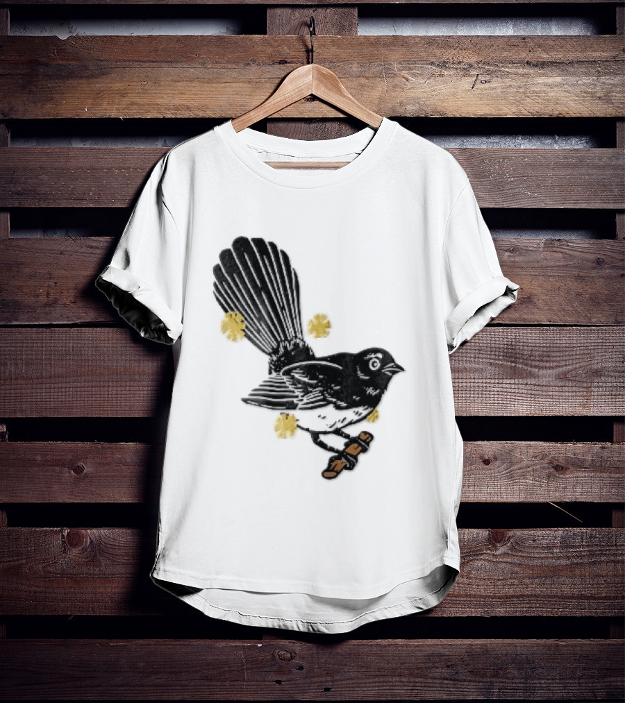 Black White Linocut Fantail Bird Branch Yellow Flowers T-Shirt