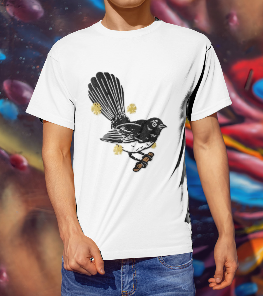 Black White Linocut Fantail Bird Branch Yellow Flowers T-Shirt