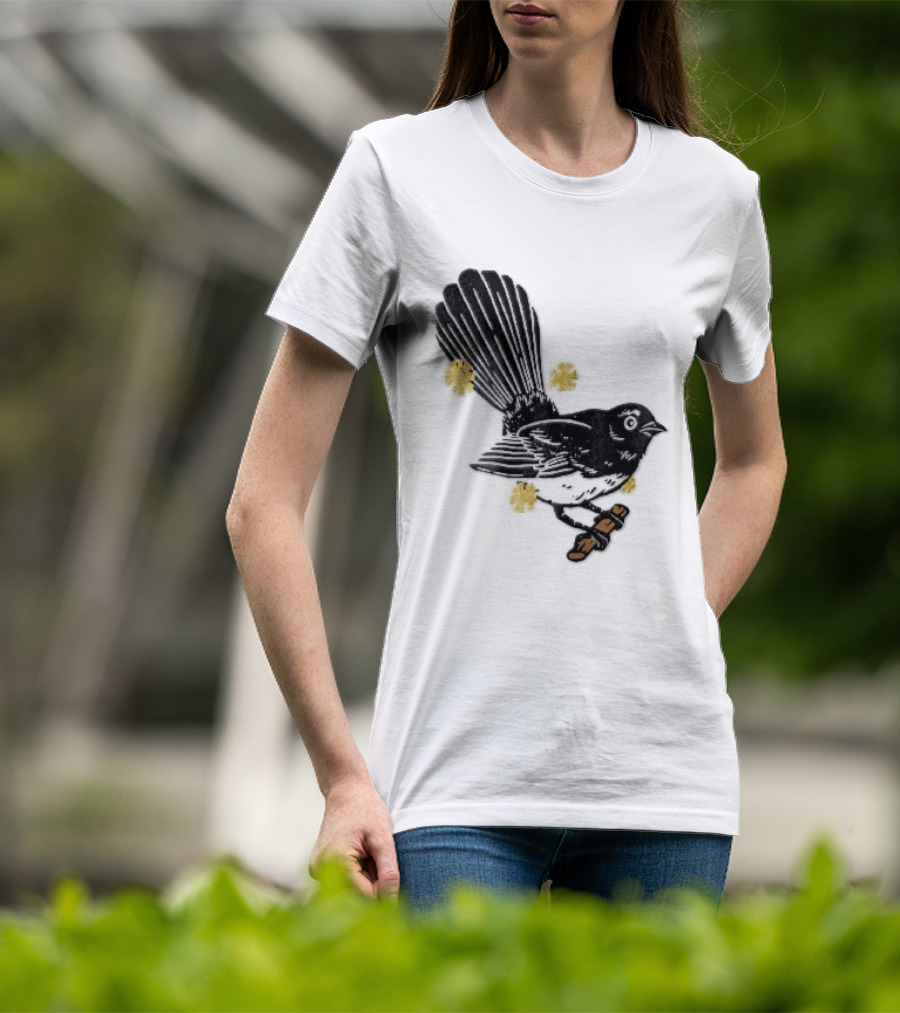 Black White Linocut Fantail Bird Branch Yellow Flowers T-Shirt