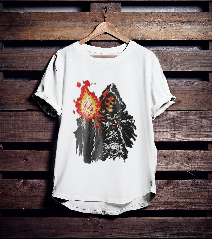 Hooded Skeleton Sorcerer With Glowing Red Fireball T-Shirt