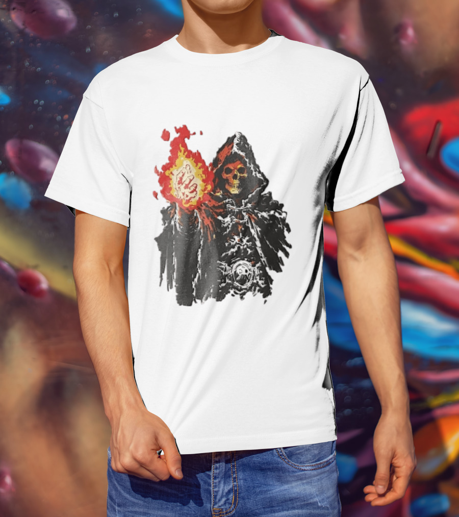 Hooded Skeleton Sorcerer With Glowing Red Fireball T-Shirt