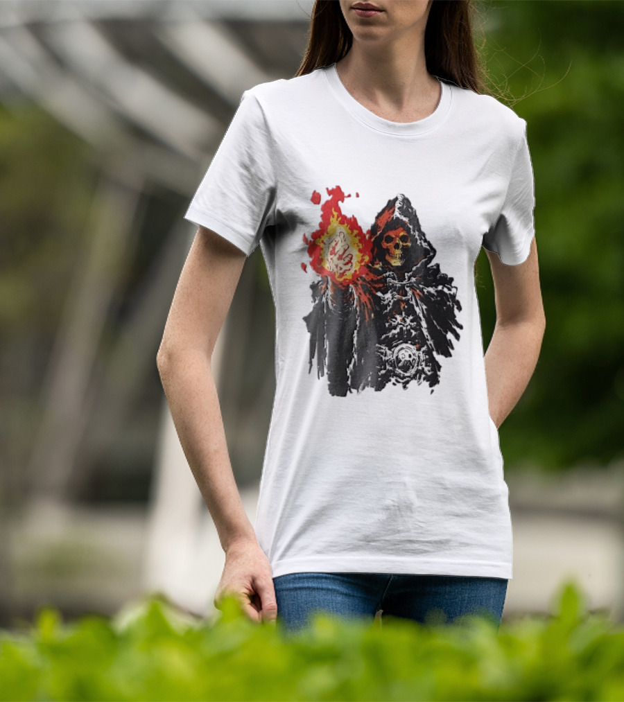 Hooded Skeleton Sorcerer With Glowing Red Fireball T-Shirt