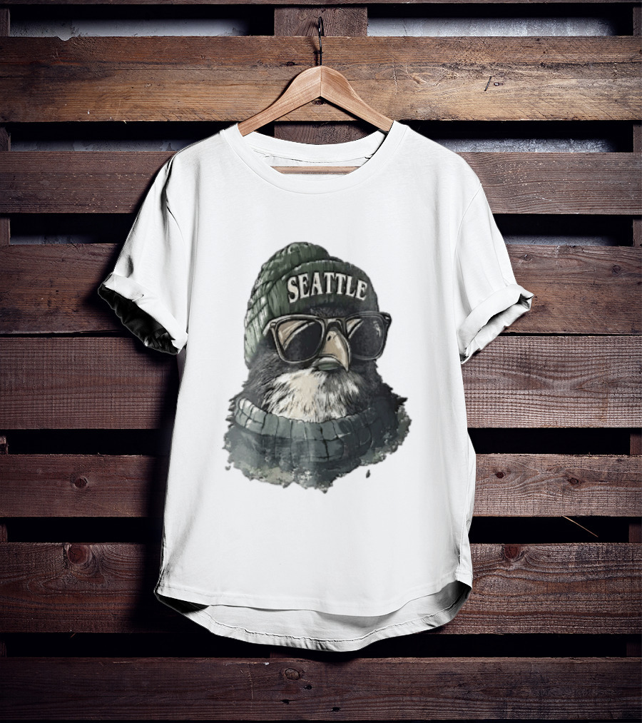 Seattle Beanie Hawk Cartoon With Sunglasses And Scarf T-Shirt