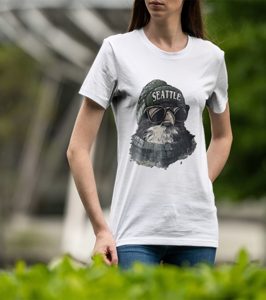 Seattle Beanie Hawk Cartoon With Sunglasses And Scarf T-Shirt