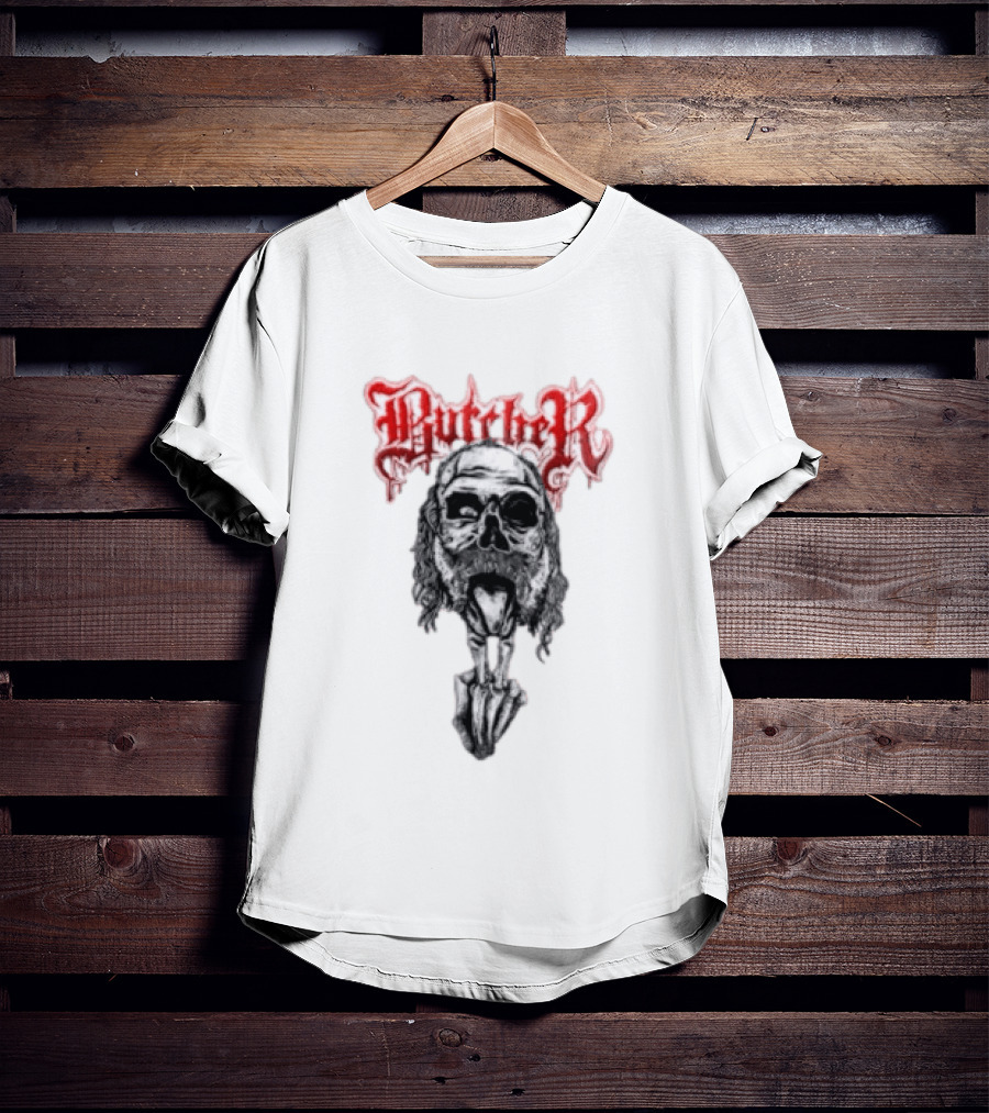 Butcher Skull With Gothic Red Text And Grim T-Shirt