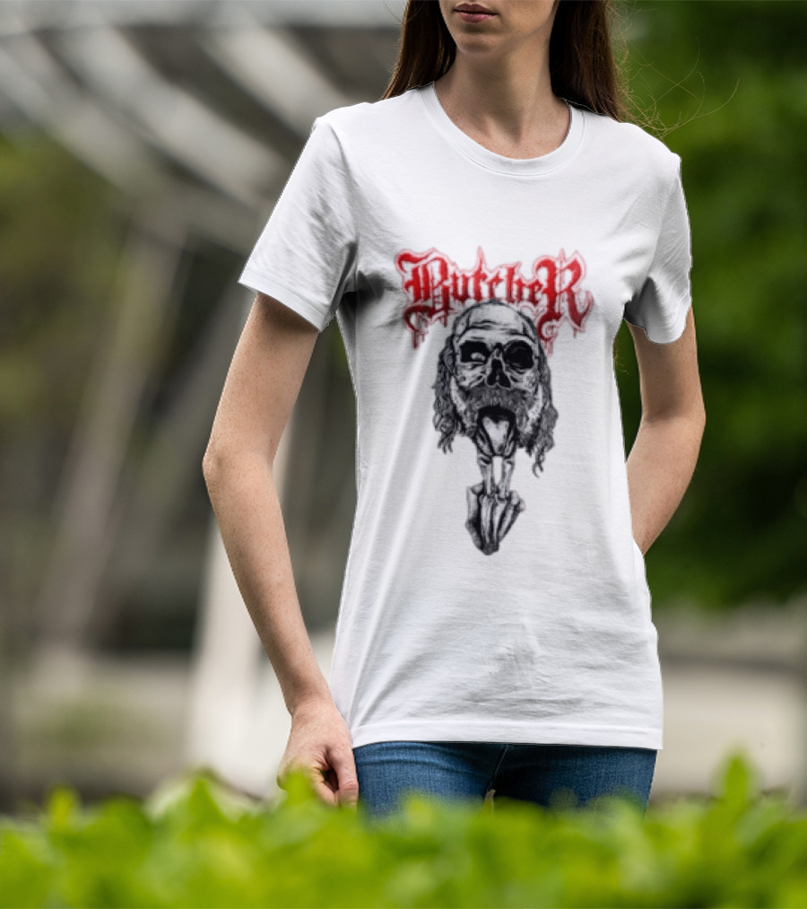 Butcher Skull With Gothic Red Text And Grim T-Shirt