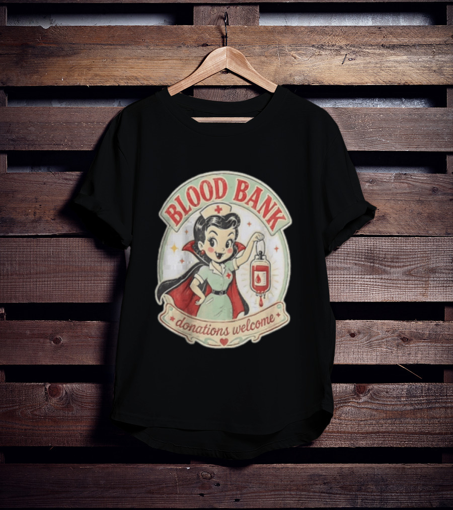 Blood Bank Donations Welcome Vampire Nurse Retro Cartoon T-Shirt