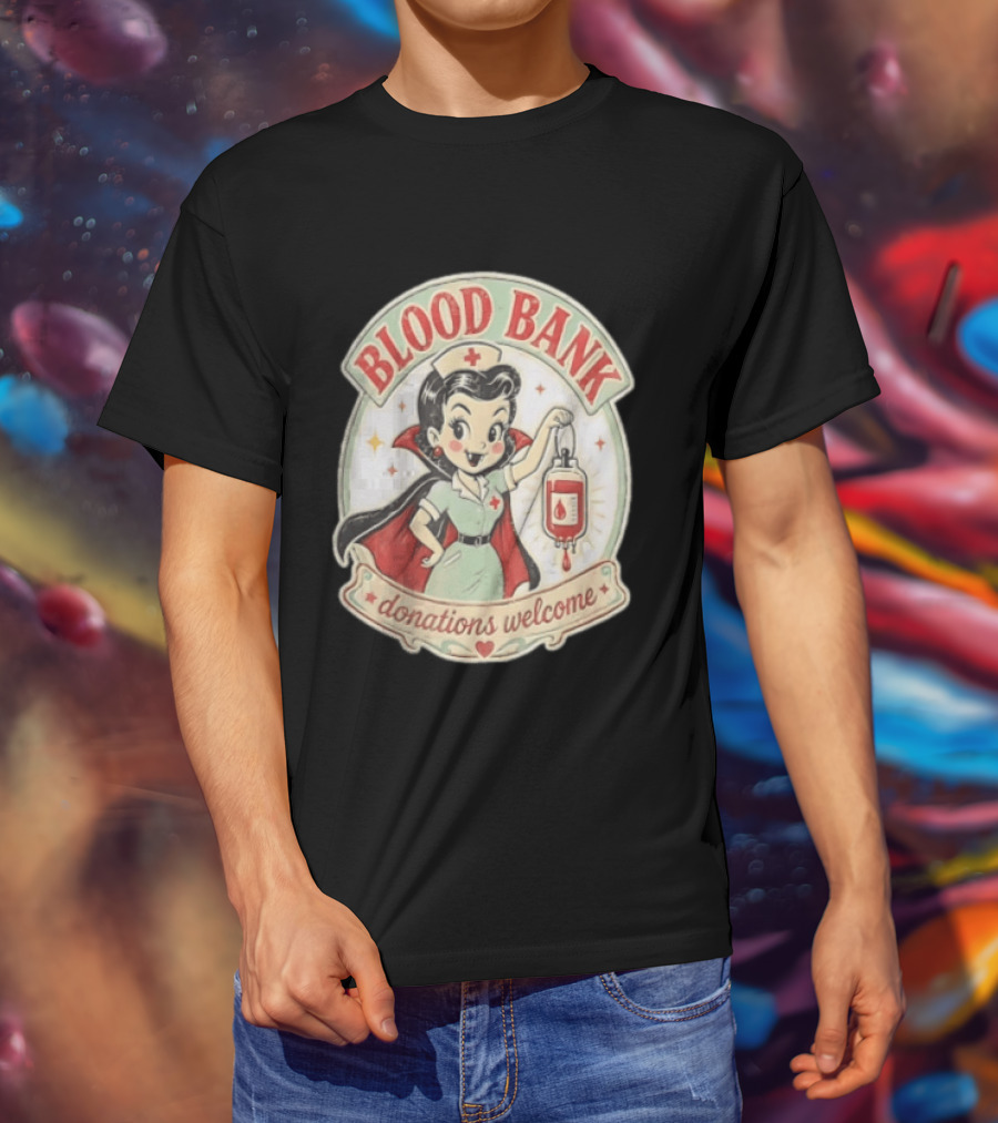 Blood Bank Donations Welcome Vampire Nurse Retro Cartoon T-Shirt