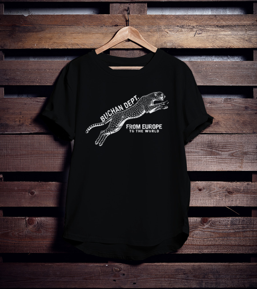 Buchan Store Cheetah Dept Black From Europe To The World T-Shirt
