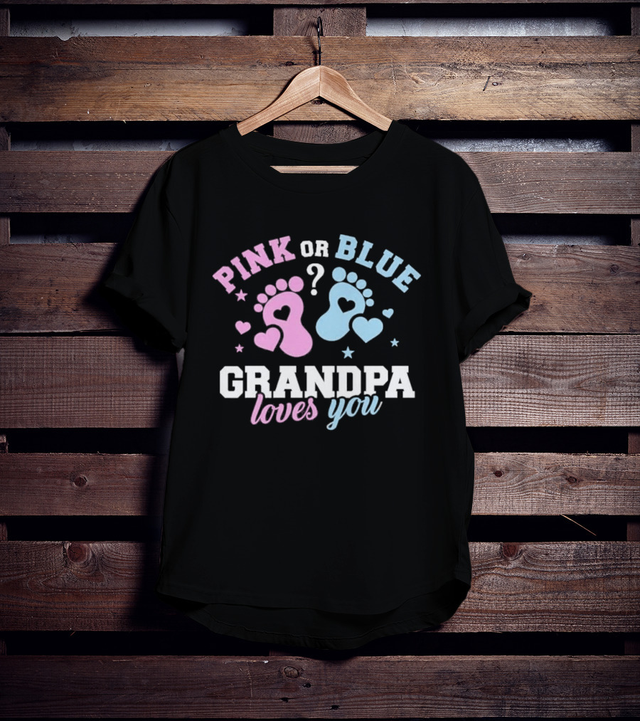 Pink Or Blue Grandpa Loves You Heart Footprints Gender Reveal T-Shirt