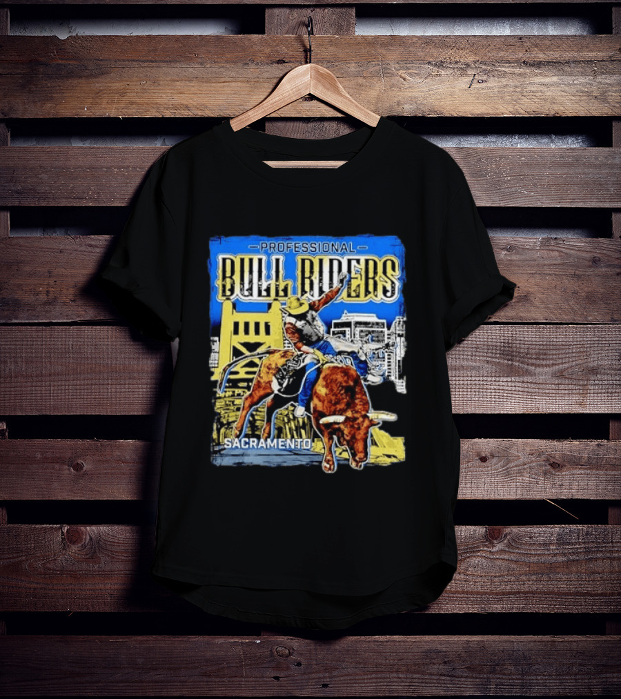 Professional Bull Riders Sacramento Cowboy Riding Bull Cityscape T-Shirt