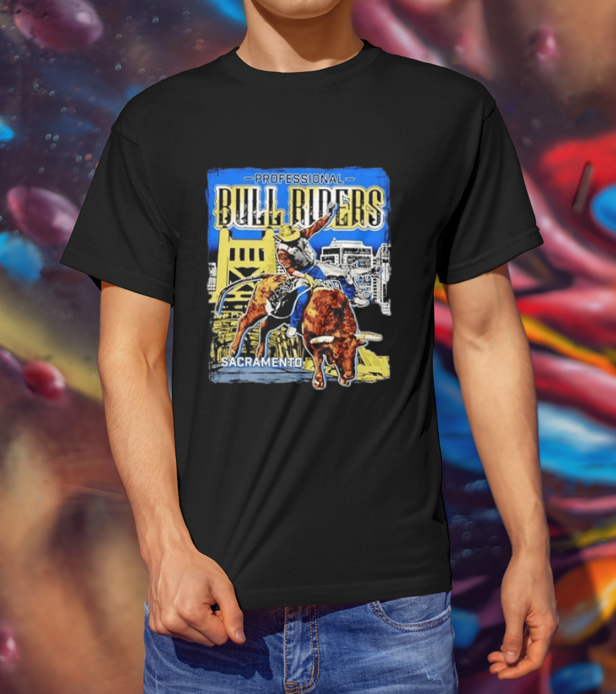 Professional Bull Riders Sacramento Cowboy Riding Bull Cityscape T-Shirt