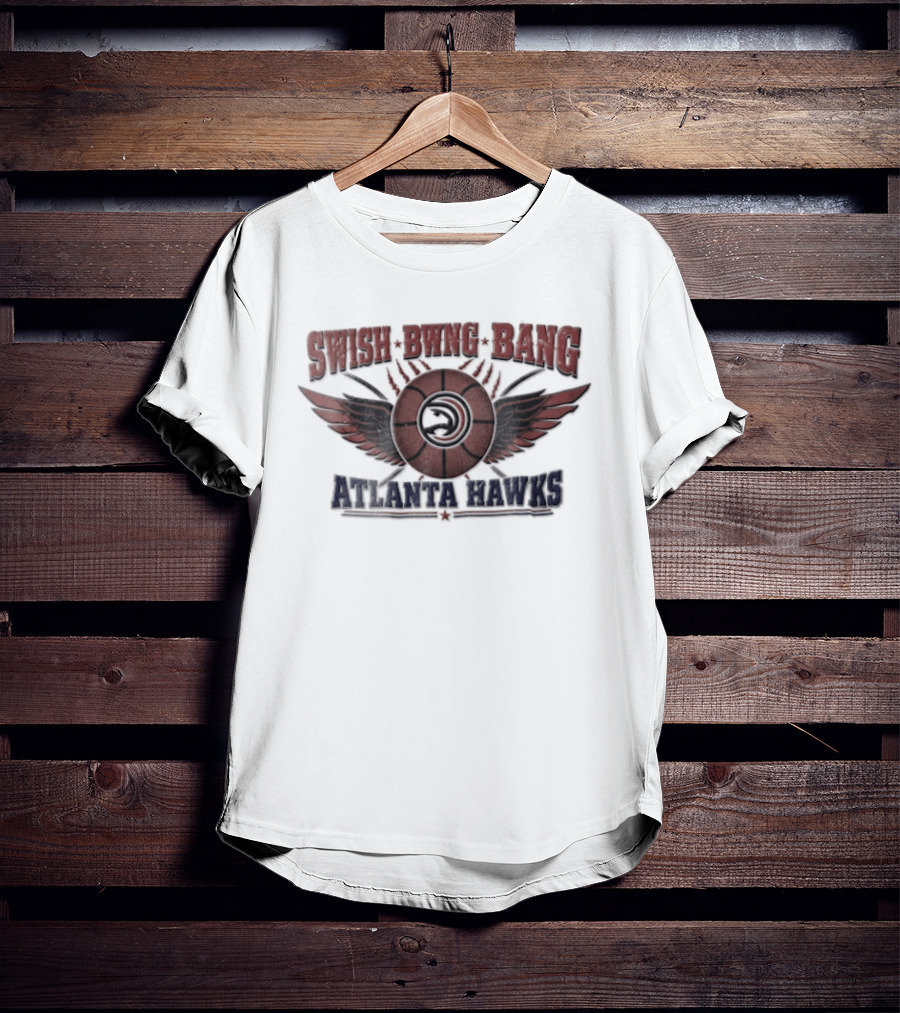 Atlanta Hawks Swish Bwng Bang Distressed Winged Basketball T-Shirt