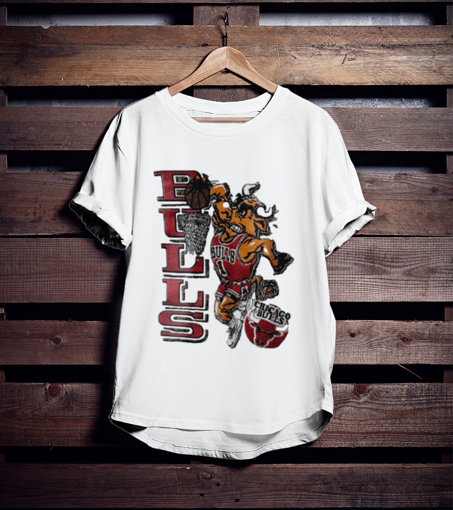 Chicago Bulls Bull Dunking Basketball Hoop NBA Cartoon Caricature T-Shirt