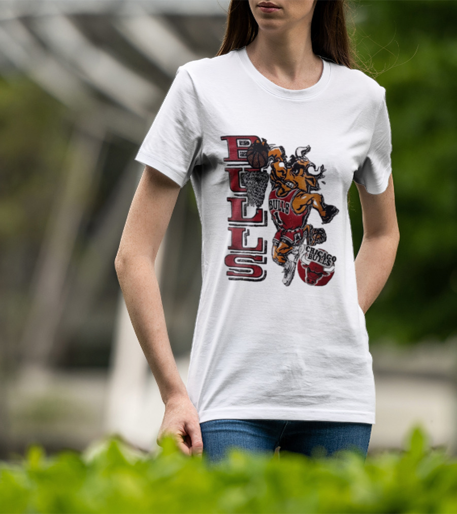 Chicago Bulls Bull Dunking Basketball Hoop NBA Cartoon Caricature T-Shirt