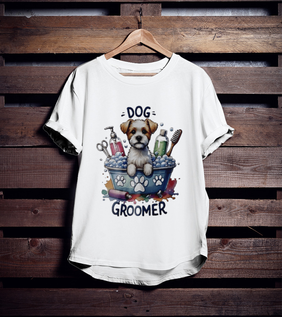 Dog Groomer Puppy Bath Tub Soap Scissors Brush Watercolor T-Shirt