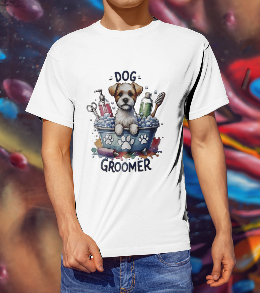 Dog Groomer Puppy Bath Tub Soap Scissors Brush Watercolor T-Shirt