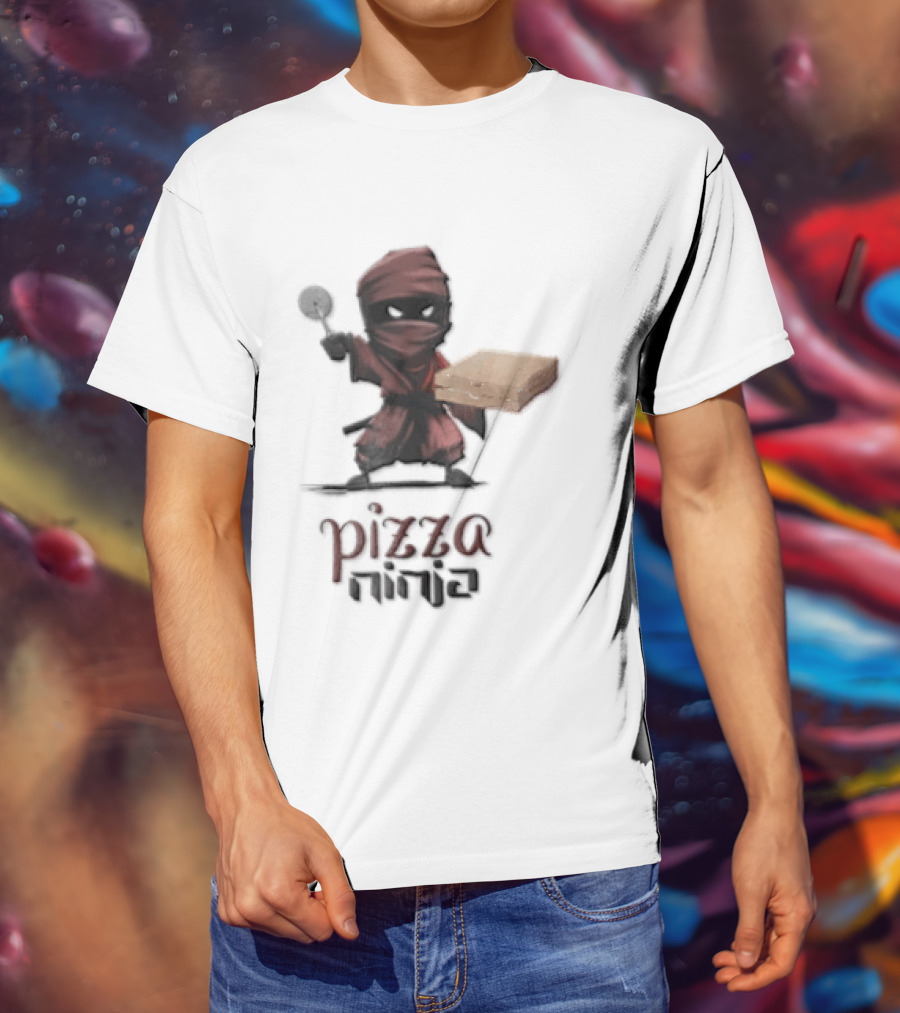 Pizza Ninja Red Masked Cartoon Figure Holding Cardboard Box T-Shirt
