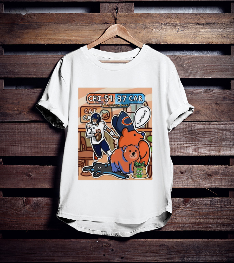 CHI 59 37 CAR CornDoggy Sports Chicago Bears Vs Carolina Panthers Scorigami Cat Café $150 Grand T-Shirt