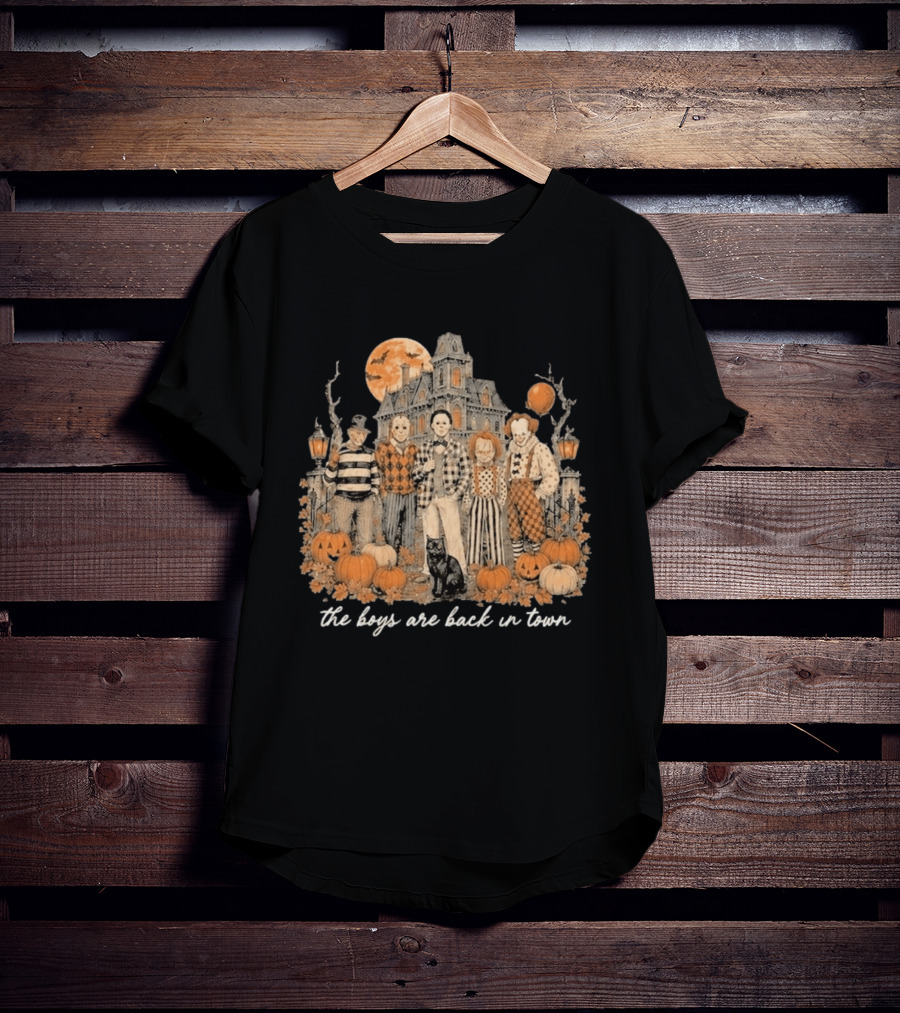 Halloween Horror Characters The Boys Are Back In Town Haunted House Pumpkin Patch T-Shirt
