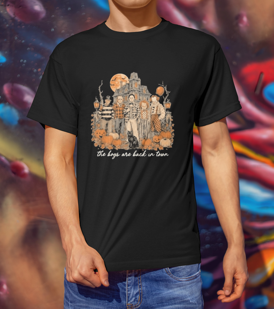 Halloween Horror Characters The Boys Are Back In Town Haunted House Pumpkin Patch T-Shirt