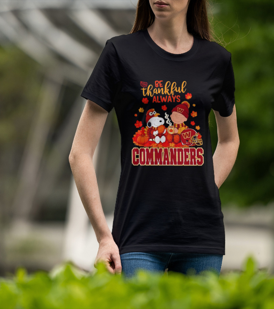 Be Thankful Always Snoopy And Charlie Brown With Commanders Autumn Leaves T-Shirt