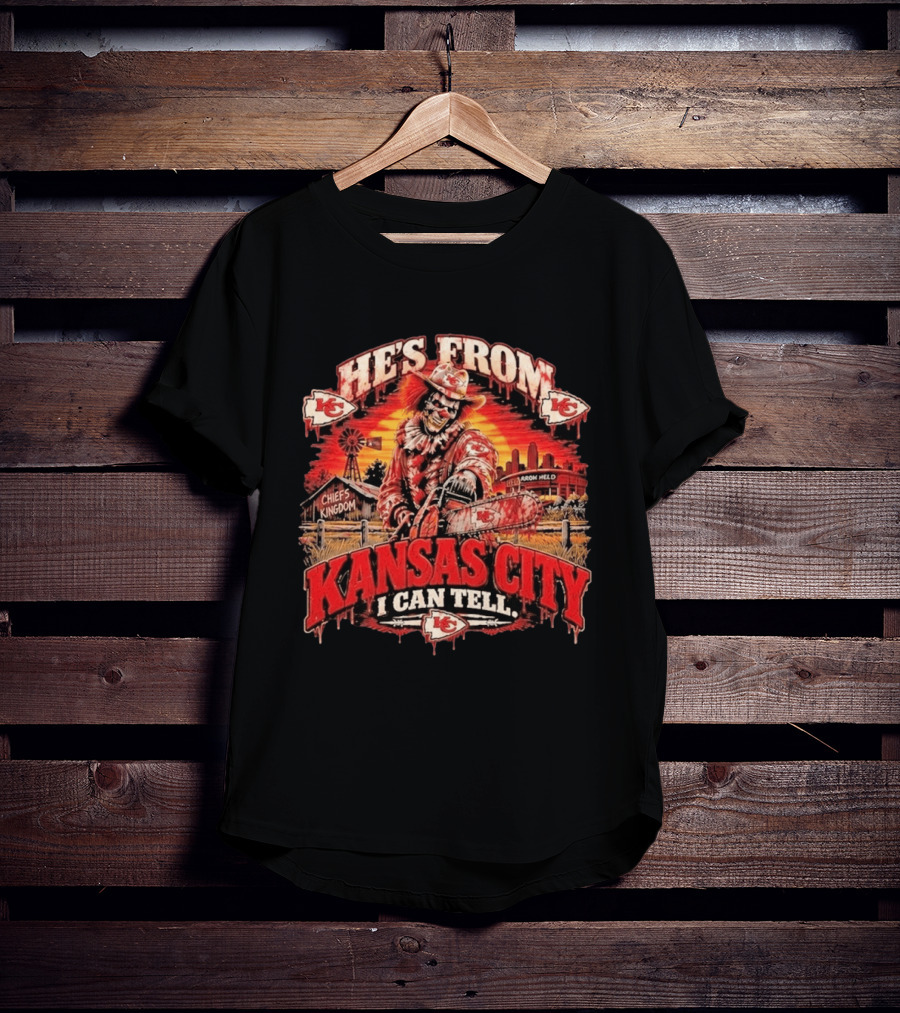 Kansas City Chiefs He's From Kansas City I Can Tell Horror Kingdom NFL Chiefs Logo Scary Chainsaw T-Shirt