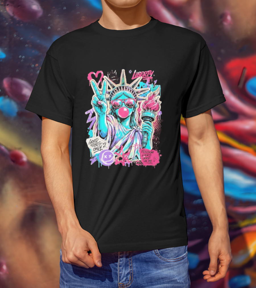 Liberty Graffiti Pop Art Good Vibes Only Statue Freedom Looks Good On Me T-Shirt