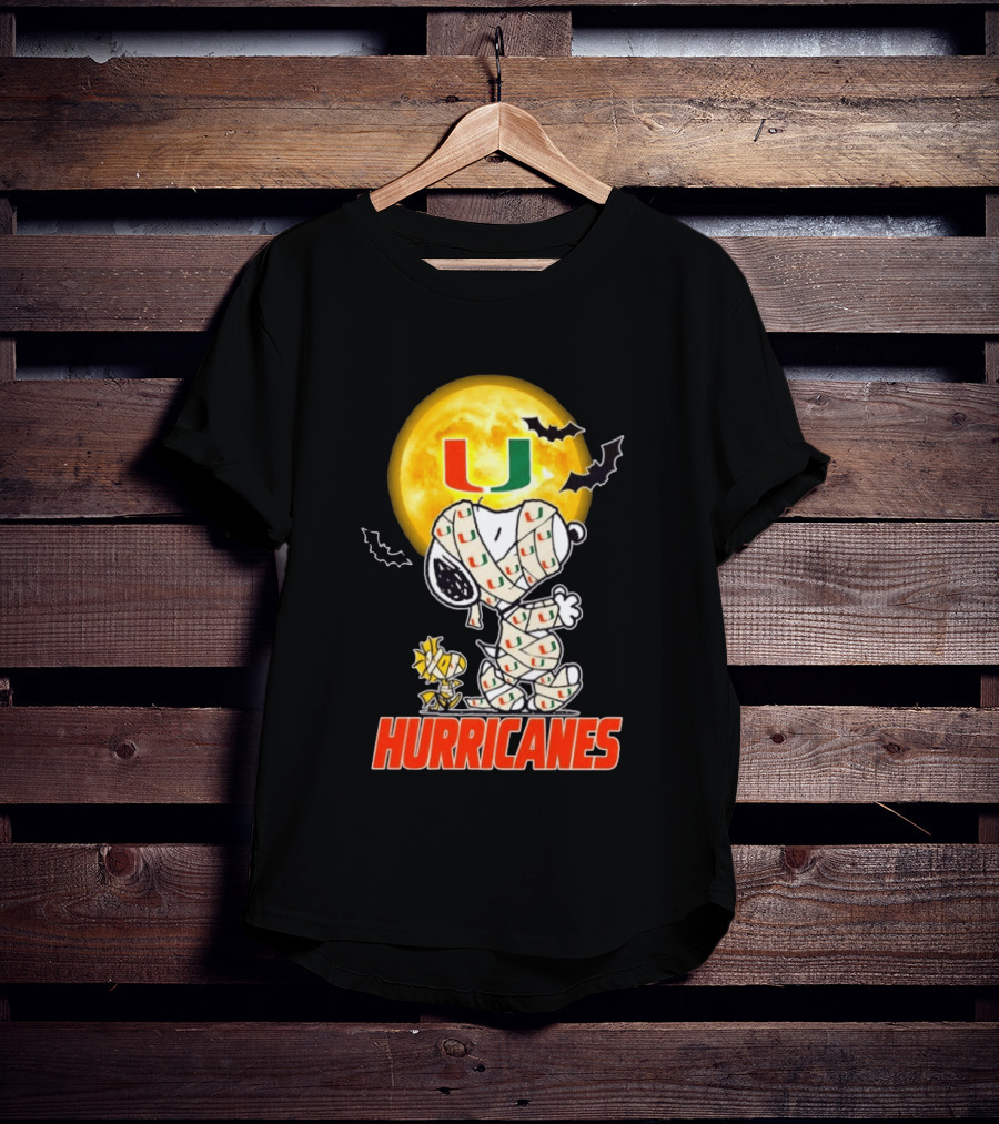 Miami Hurricanes Snoopy Woodstock Mummy Halloween Moon Bats T-Shirt