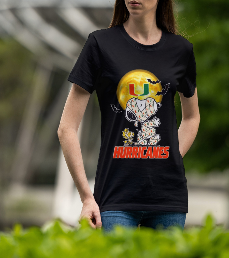 Miami Hurricanes Snoopy Woodstock Mummy Halloween Moon Bats T-Shirt