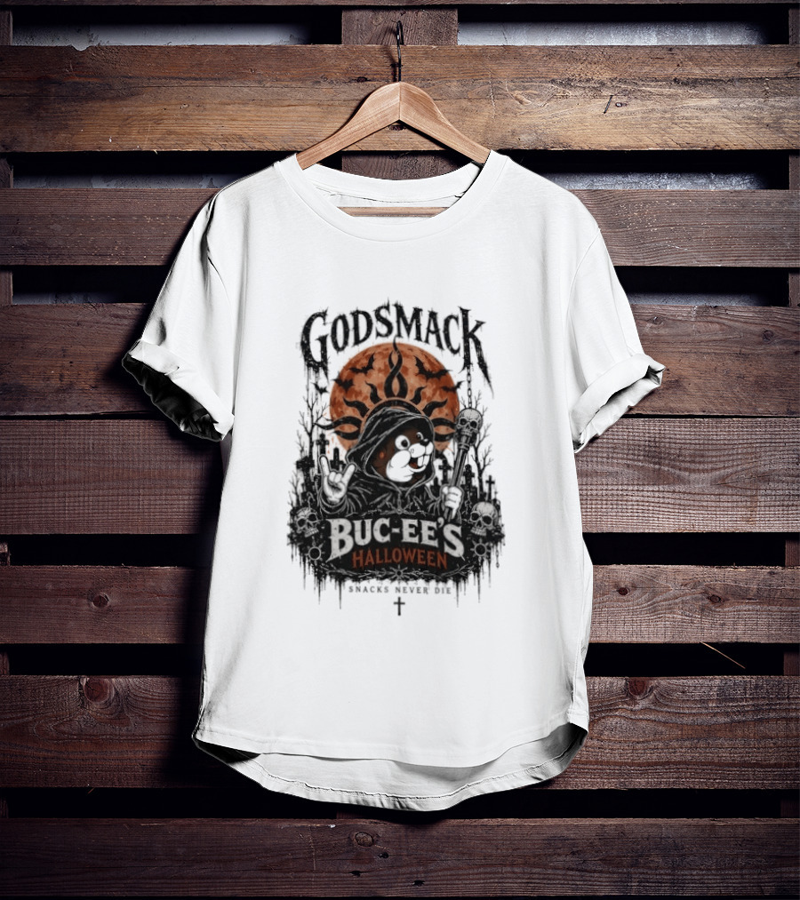 Godsmack Buc Ee's Halloween Snacks Never Die Skulls And Sun T-Shirt