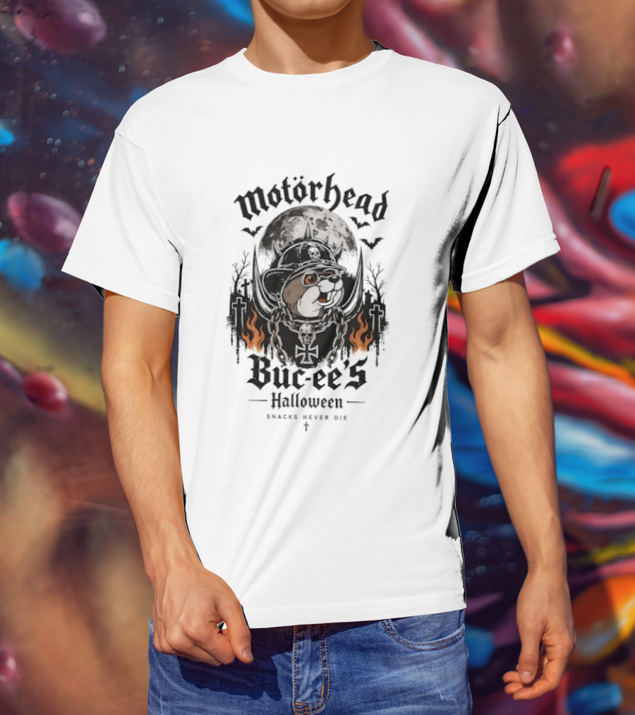 Motorhead Buc Ee's Halloween Snacks Never Die Ghostly Flames Moon Bats T-Shirt