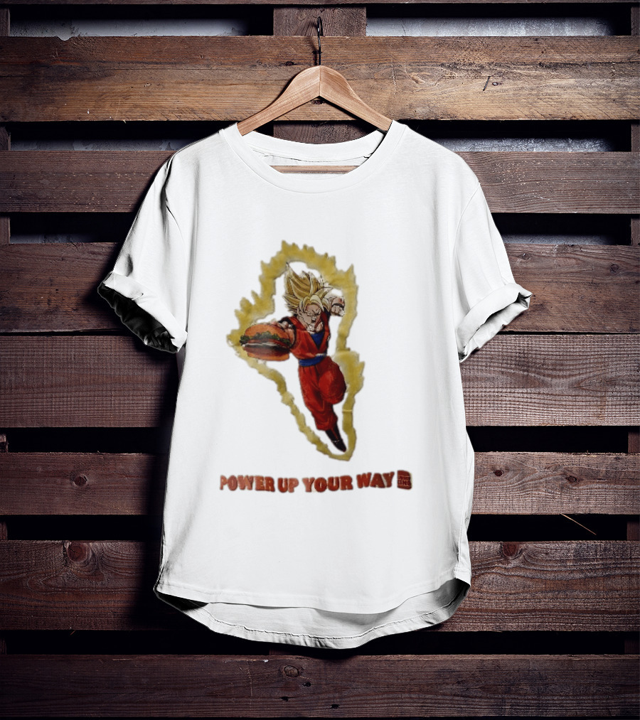 Burger King Power Up Your Way Super Saiyan Goku Holding Cheeseburger Aura T-Shirt