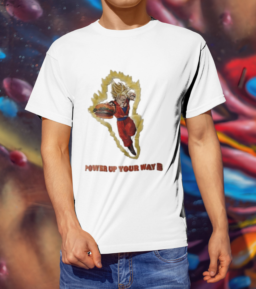Burger King Power Up Your Way Super Saiyan Goku Holding Cheeseburger Aura T-Shirt