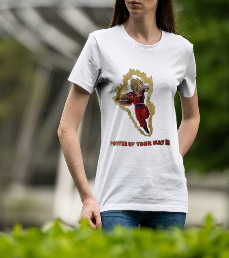 Burger King Power Up Your Way Super Saiyan Goku Holding Cheeseburger Aura T-Shirt