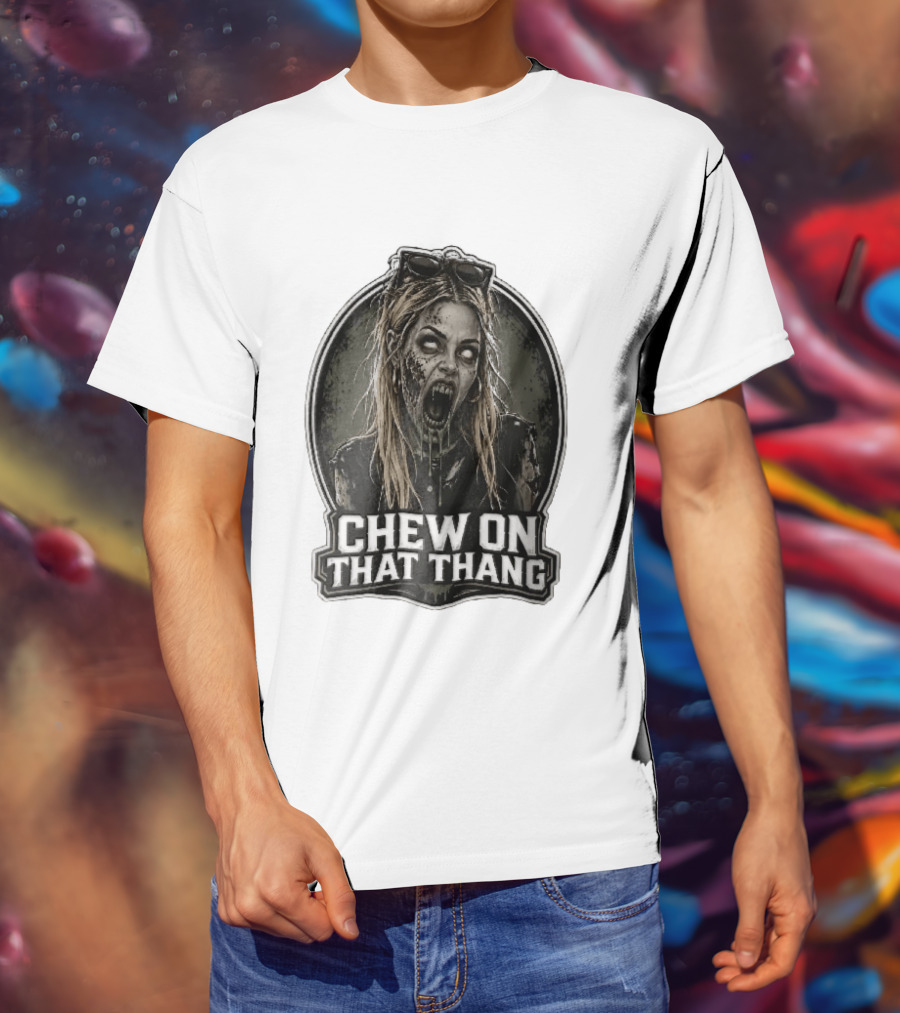 Chew On That Thang Zombie Blonde Woman Open Mouth Green Slime Sunglasses T-Shirt
