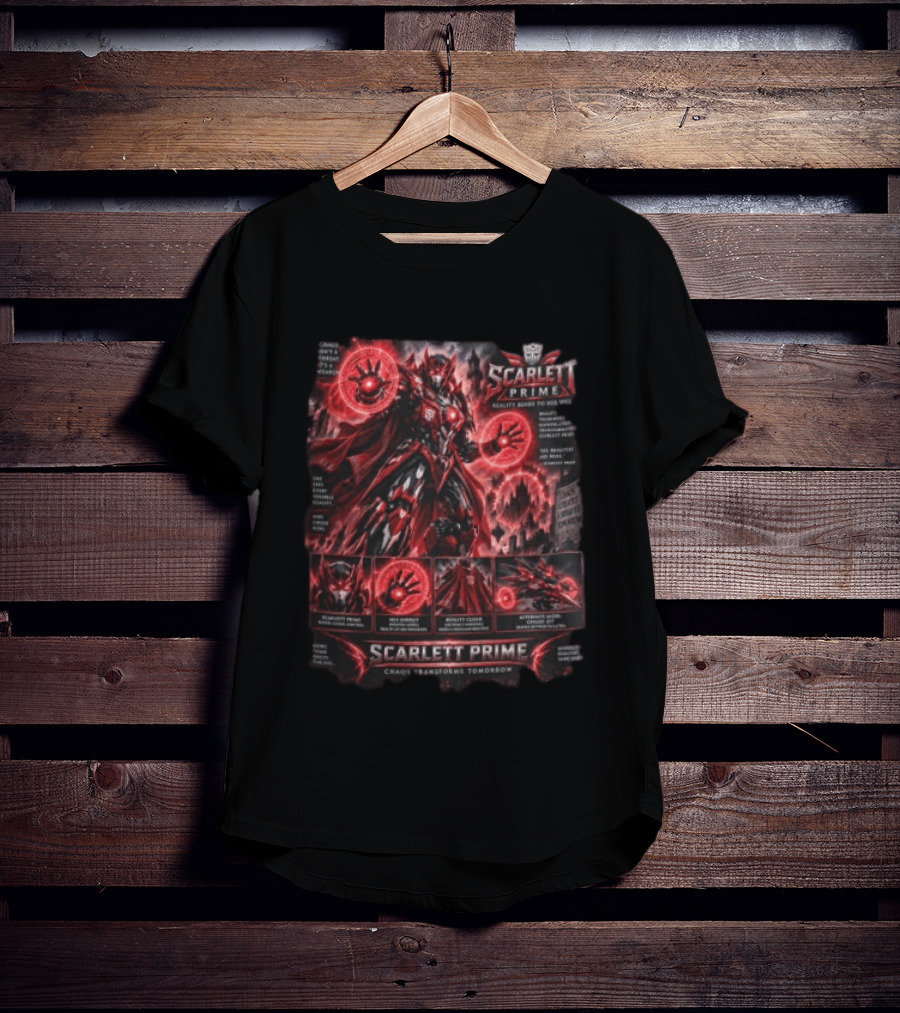 Scarlett Prime Reality Bends Red Mecha Chaos Transforms Tomorrow Jet Hex Magic T-Shirt