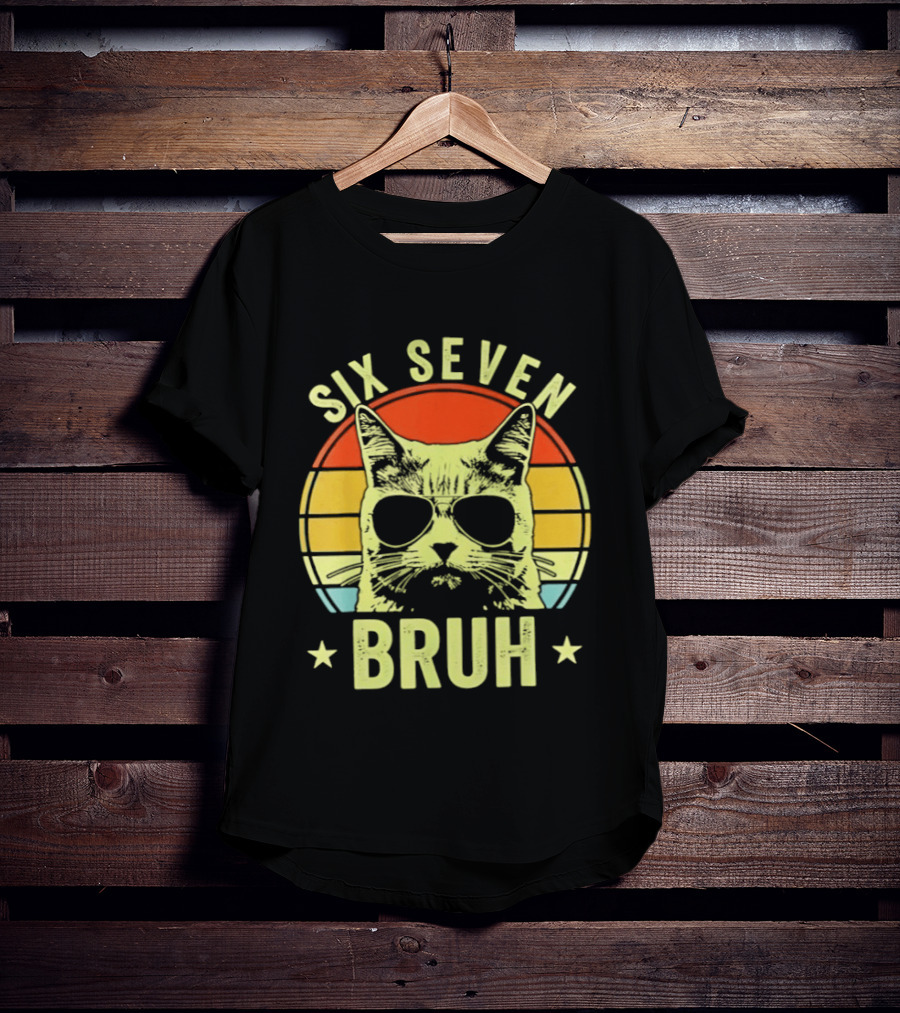 Six Seven Bruh Retro Cat Sunset T-Shirt