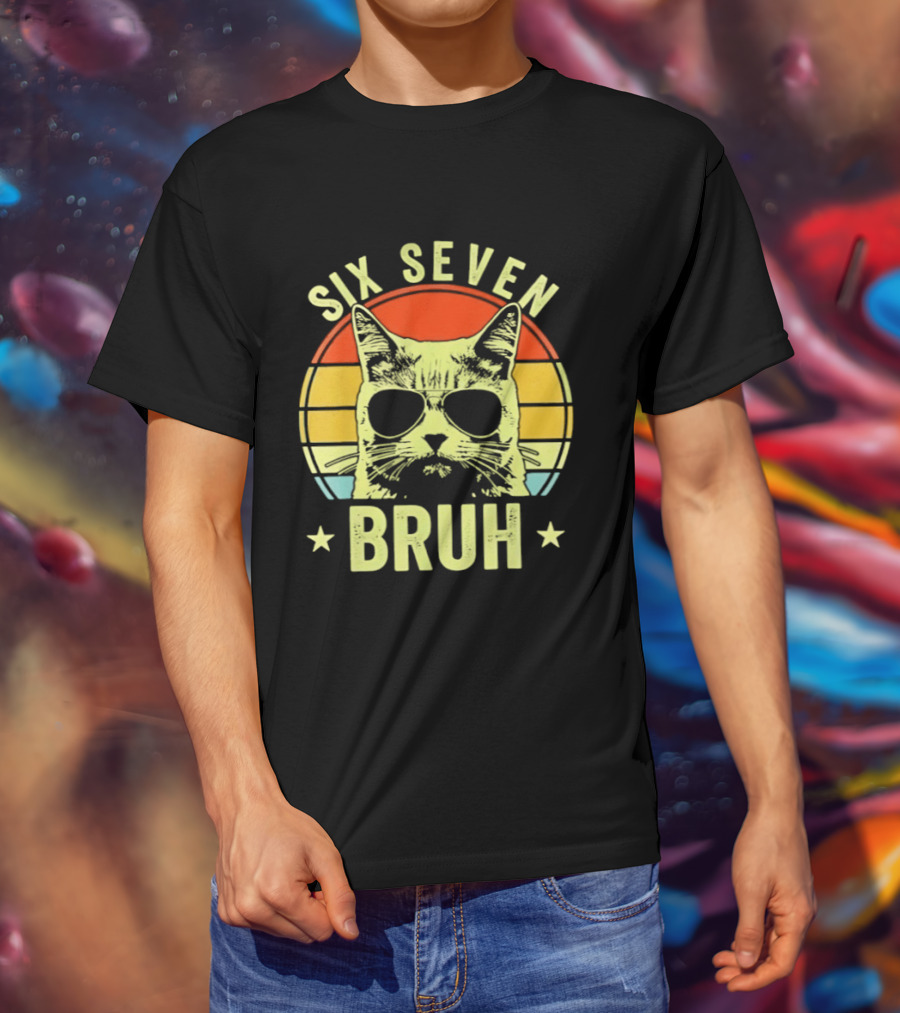Six Seven Bruh Retro Cat Sunset T-Shirt
