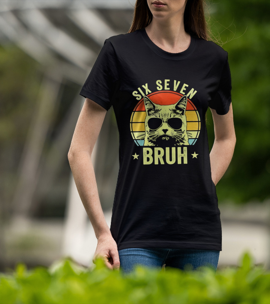 Six Seven Bruh Retro Cat Sunset T-Shirt