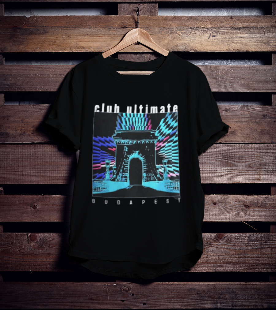 Club Ultimate Budapest Szechenyi Chain Bridge Neon Checkerboard Arch T-Shirt