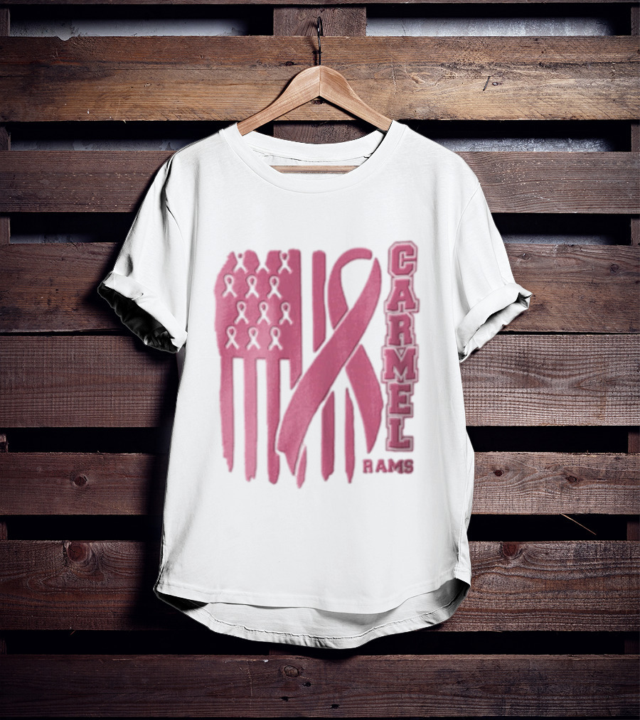 Carmel Rams Pink Ribbon American Flag Breast Cancer Awareness T-Shirt