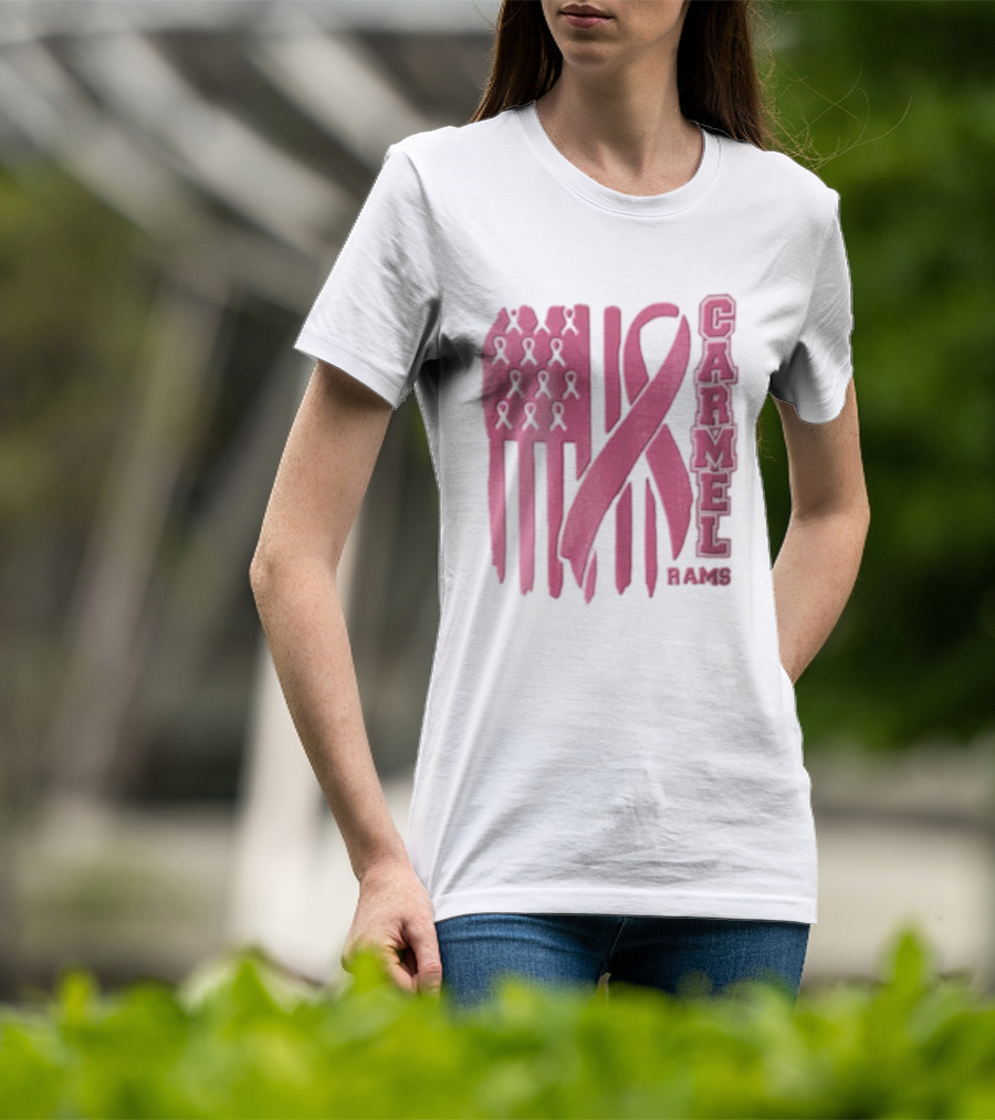 Carmel Rams Pink Ribbon American Flag Breast Cancer Awareness T-Shirt