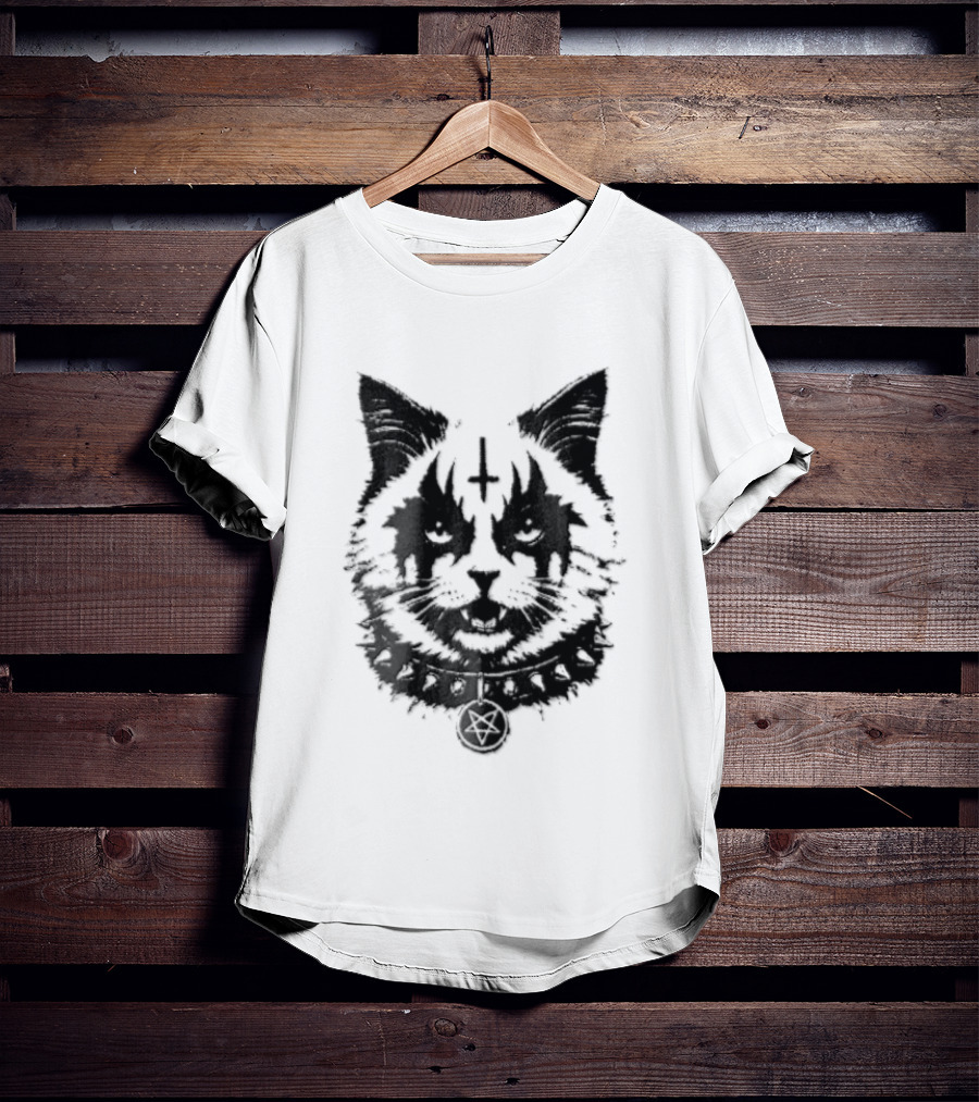 Corpsepaint Inverted Pentagram Monochromatic Cat With Collar T-Shirt